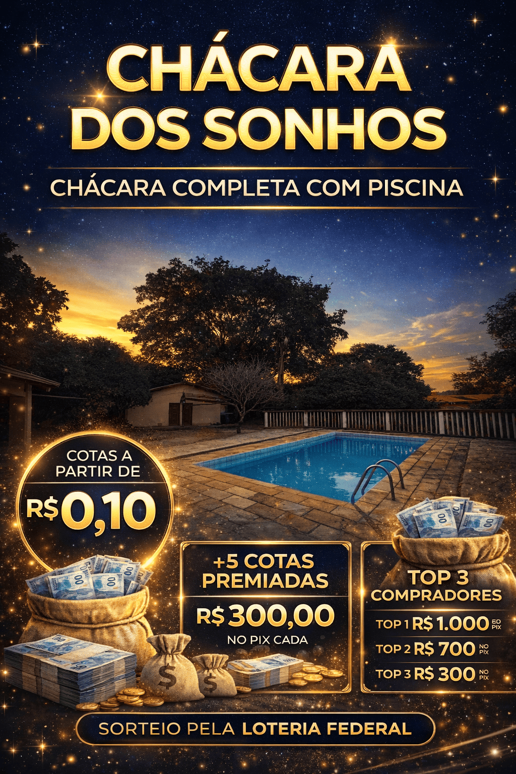 Concorra a uma CHÁCARA ou 400 MIL na conta